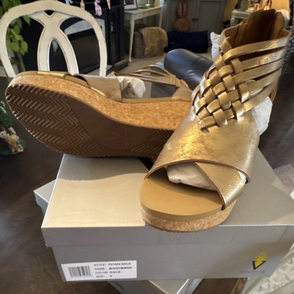 Volatile Gold Woven Cork Wedge Sandals